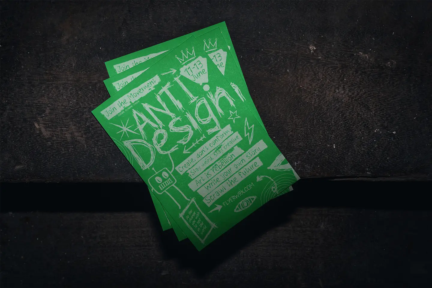 hree stacked A5 flyers featuring a vibrant neon green anti-design layout on a gritty floor