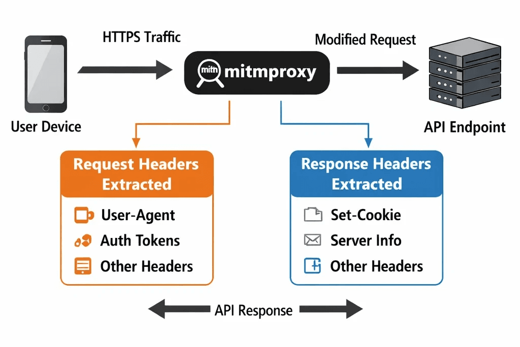 Diagram: traffic flow from device through mitmproxy to API endpoint, showing header extraction points