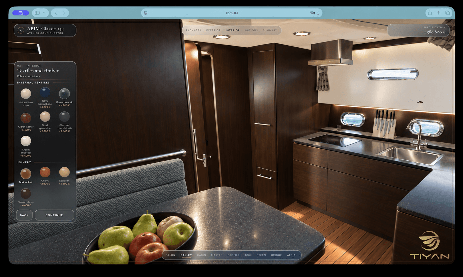 ABIM yacht interior configurator showing timber and textile choices