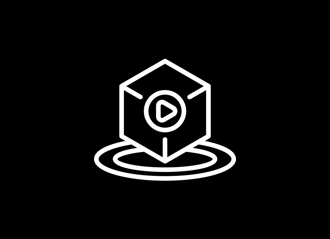Minimalist line icon of a cube with a play button, representing AR work instructions
