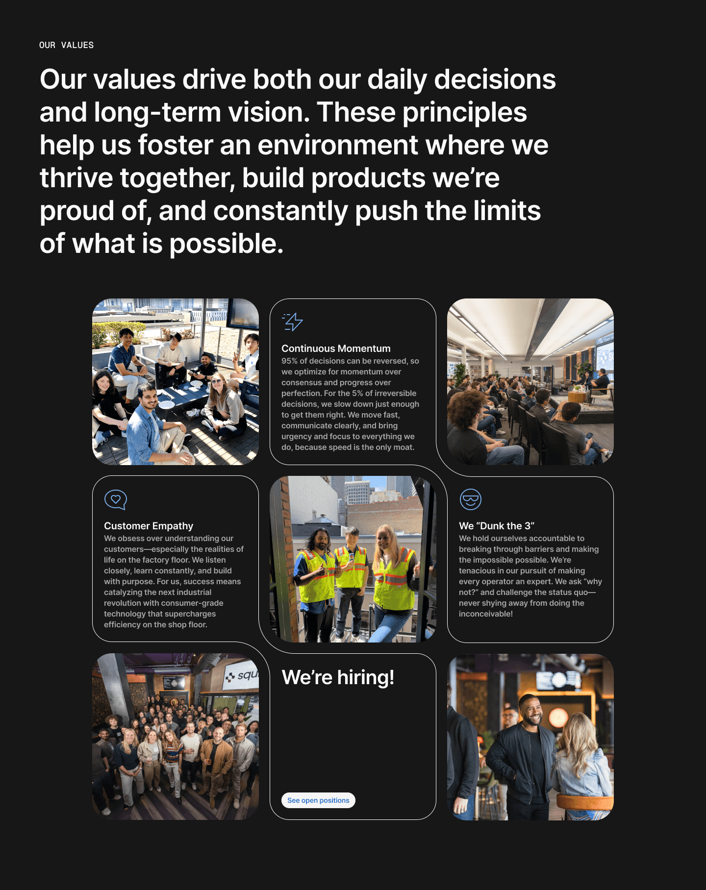 Our values: teamwork, innovation, and pushing limits. Images of employees in action, with "We're hiring!" featured.
