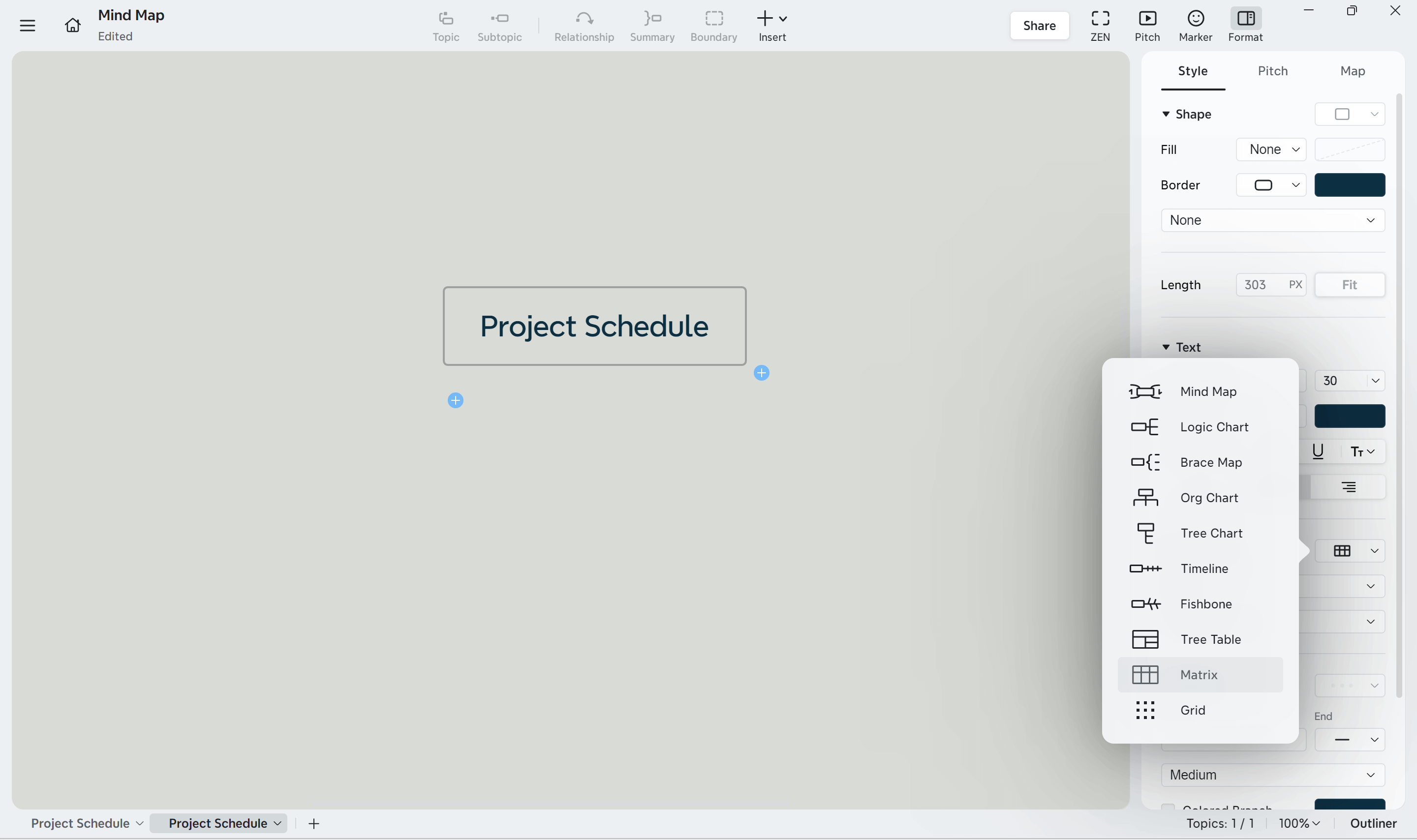 Project schedule creation interface in Xmind
