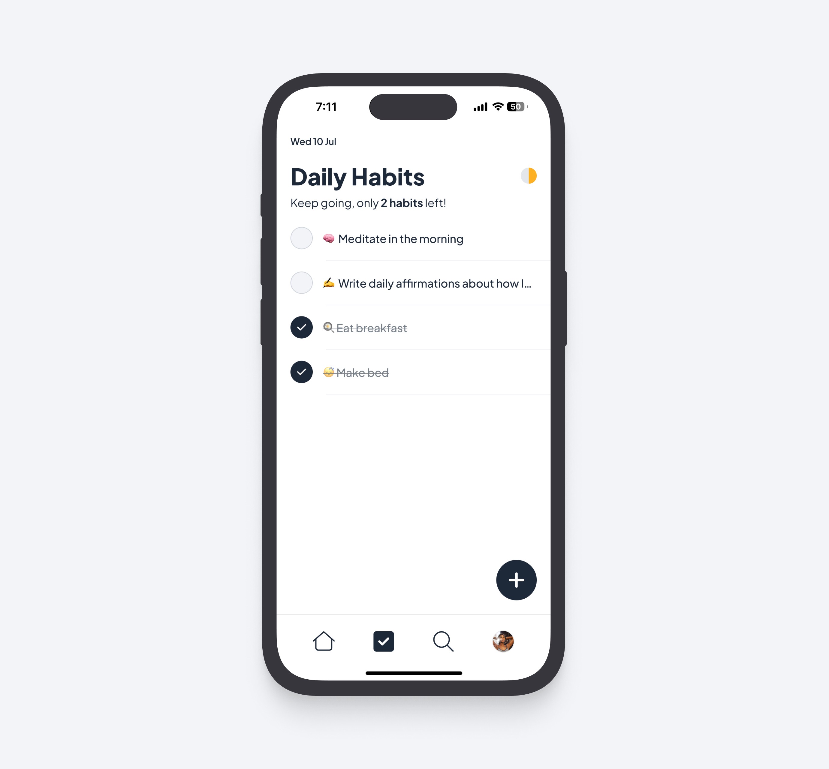 An iphone showing the daily habits homepage