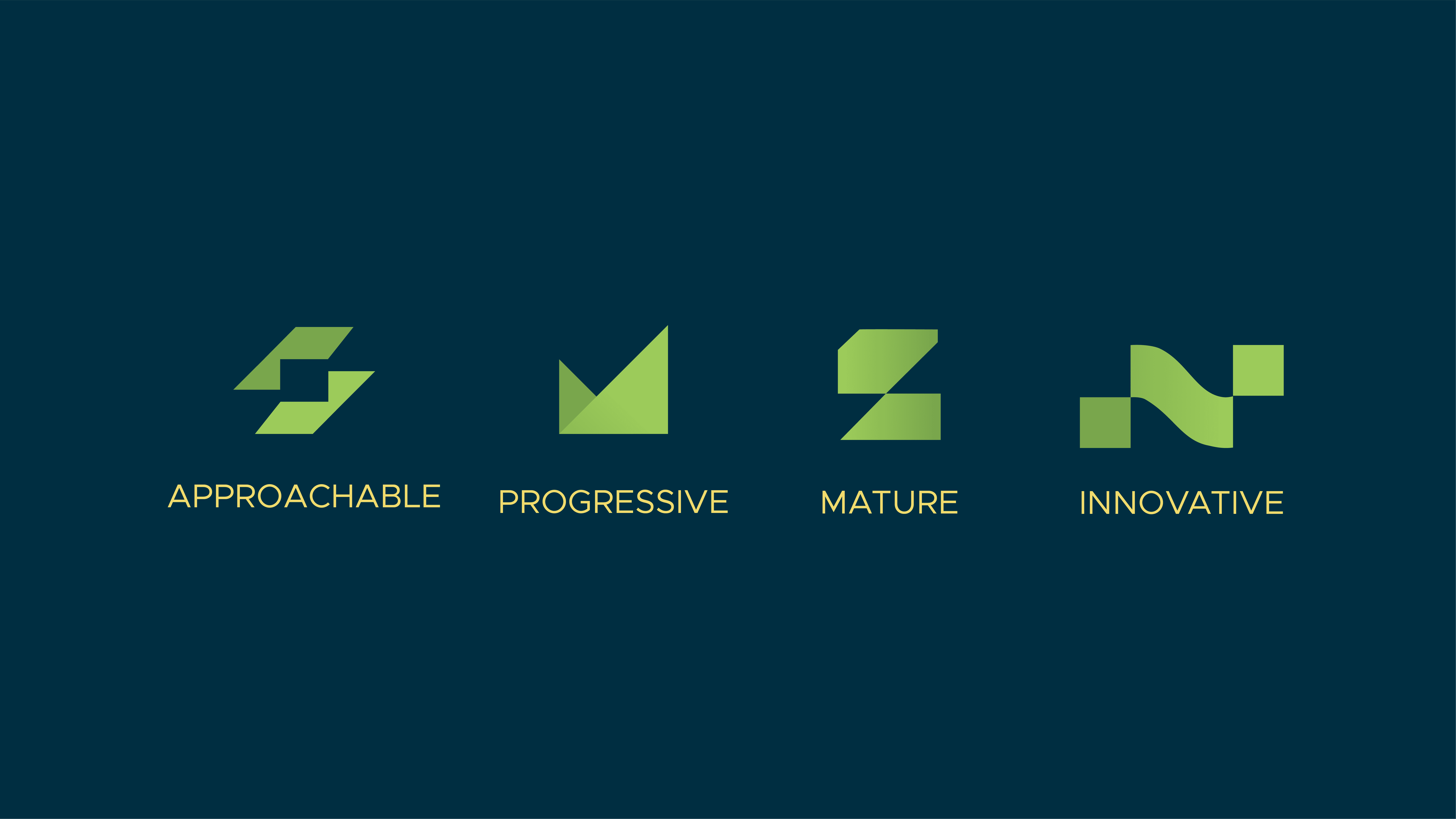 Four green abstract symbols representing brand values: Approachable, Progressive, Mature, and Innovative, displayed on a dark background.