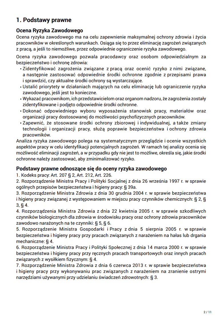 Podstawy prawne w wersji skróconej w dokumencie oceny ryzyka zawodowego - siedem aktów prawnych, każdy w jednej linii