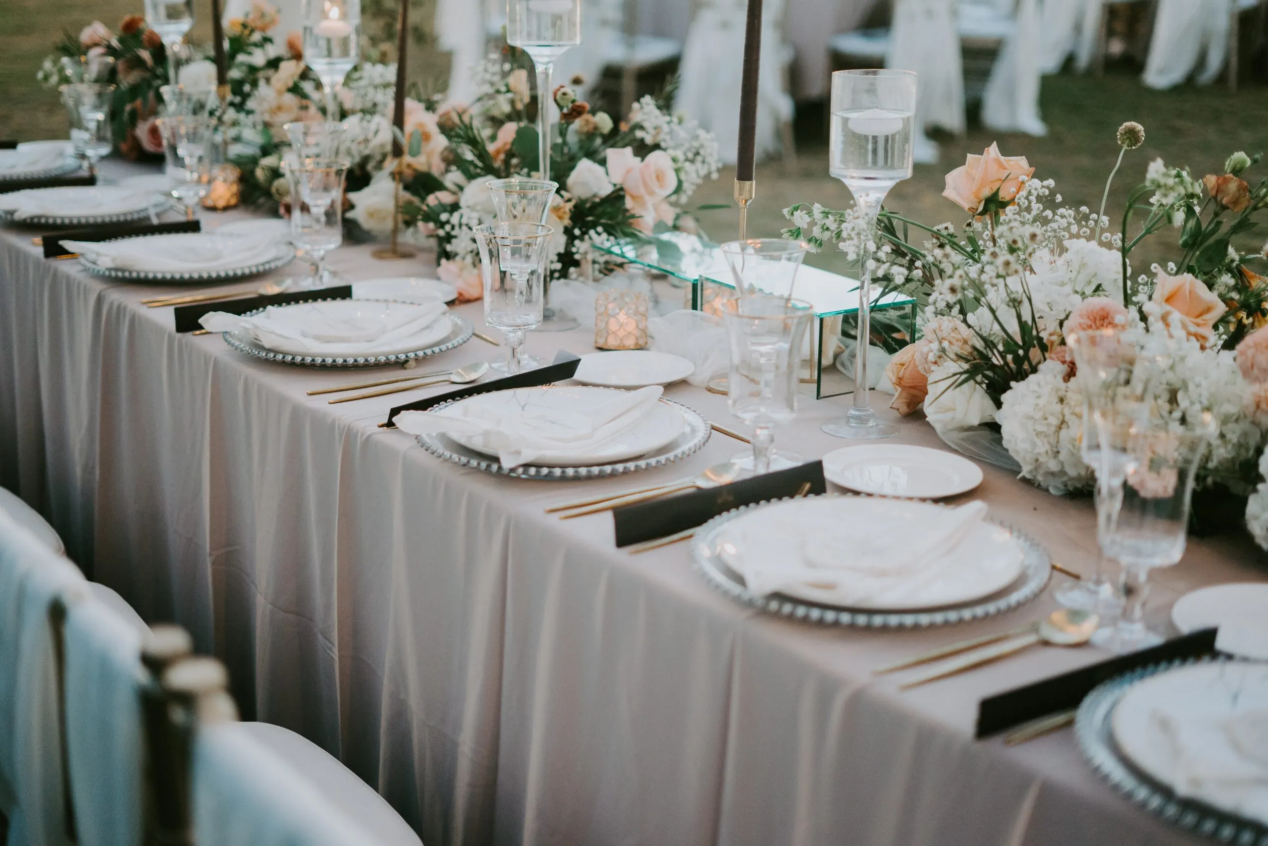 A long table setting for a wedding