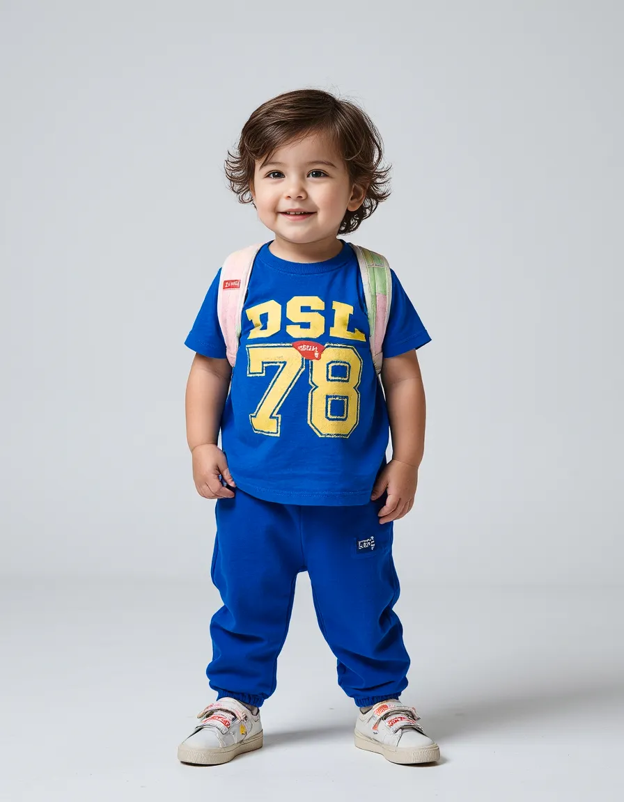 Child wearing bright blue athletic outfit with yellow "DSL 78" print and small backpack, standing against clean white background