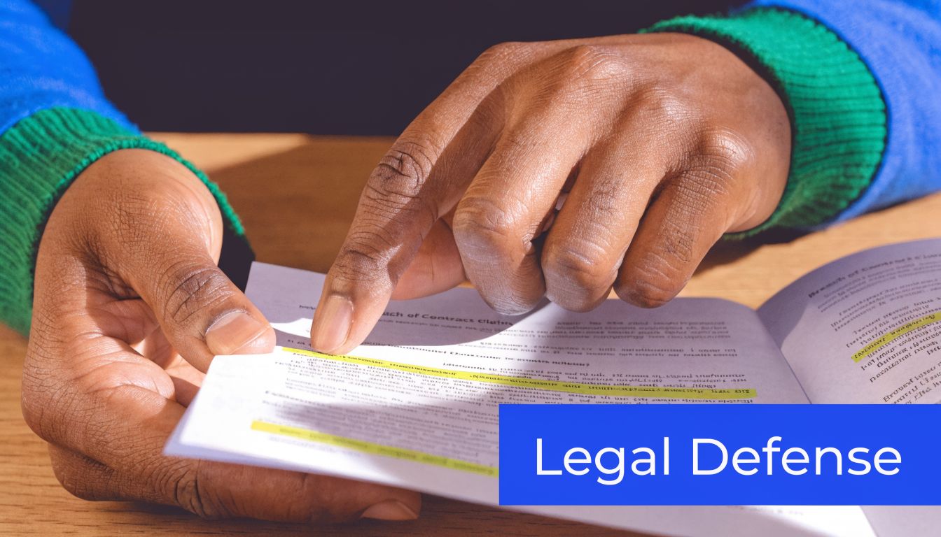 A person reading a legal document with highlighted text on a wooden table with a blue overlay.
