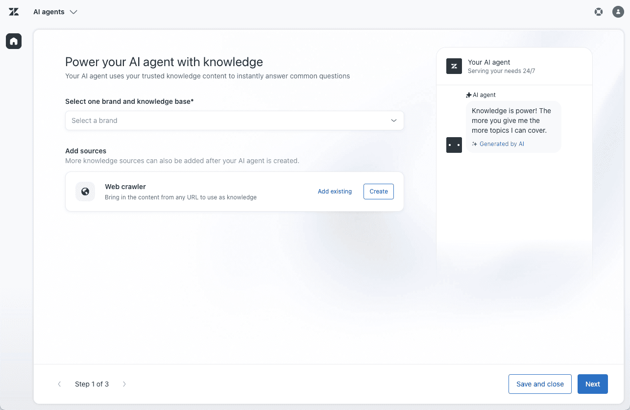 Kuvakaappaus Zendeskin Admin Centeristä AI-agentin luontivaiheesta. Näytöllä valitaan agentille kytkettävä brändi ja tietolähteet (Help Center ja Web Crawler) generatiivisia vastauksia varten.