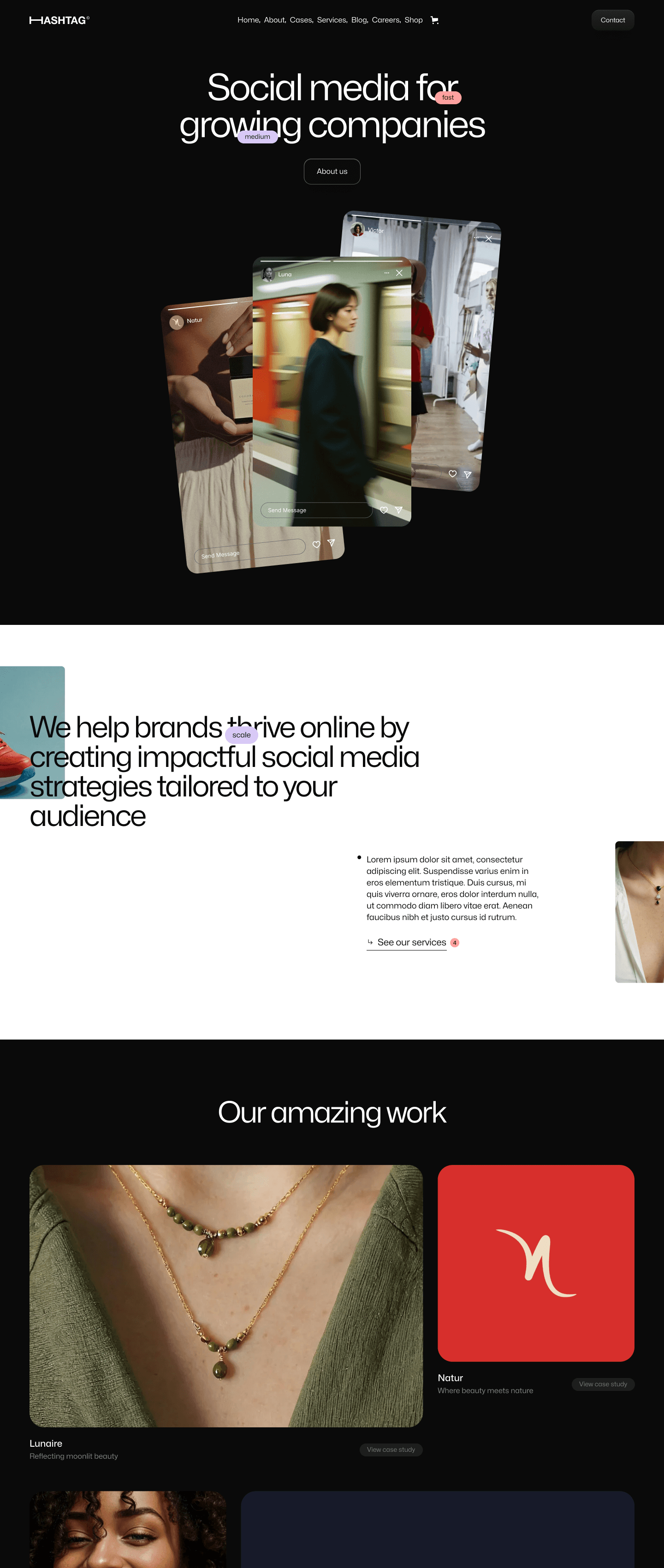 screenshot of hashtag marketing social media webflow template