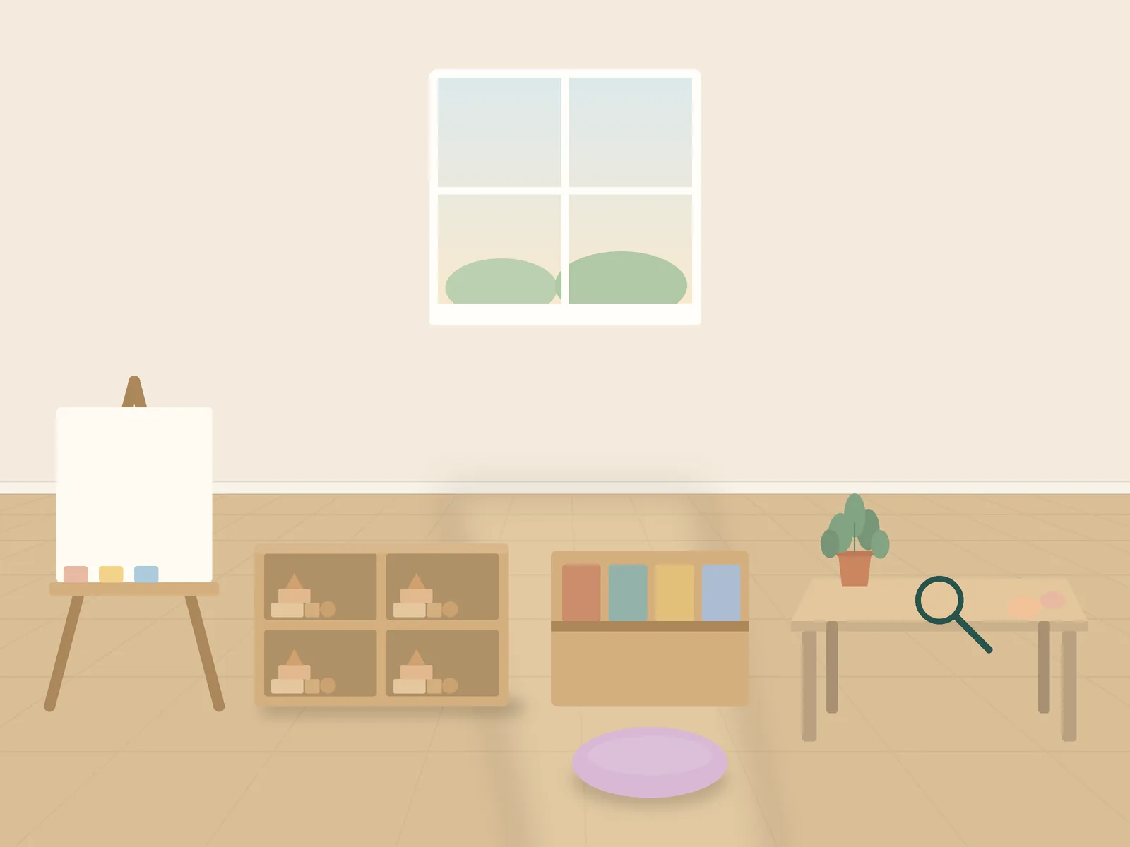 Preschool room: learning centers for art, blocks, reading and science