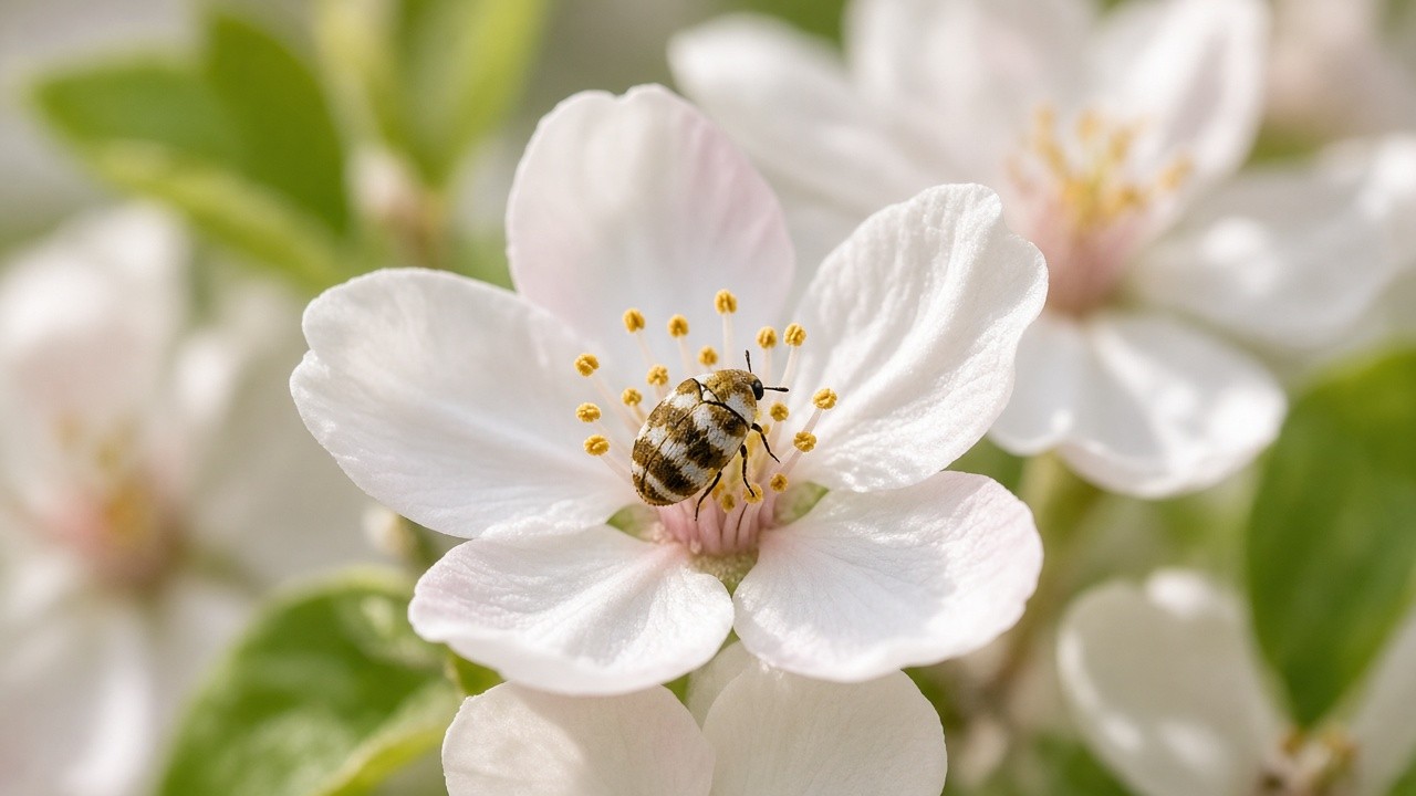 Carpet beetle on a white apple blossom in spring, from a spring pest prevention guide for McKinney, TX homes