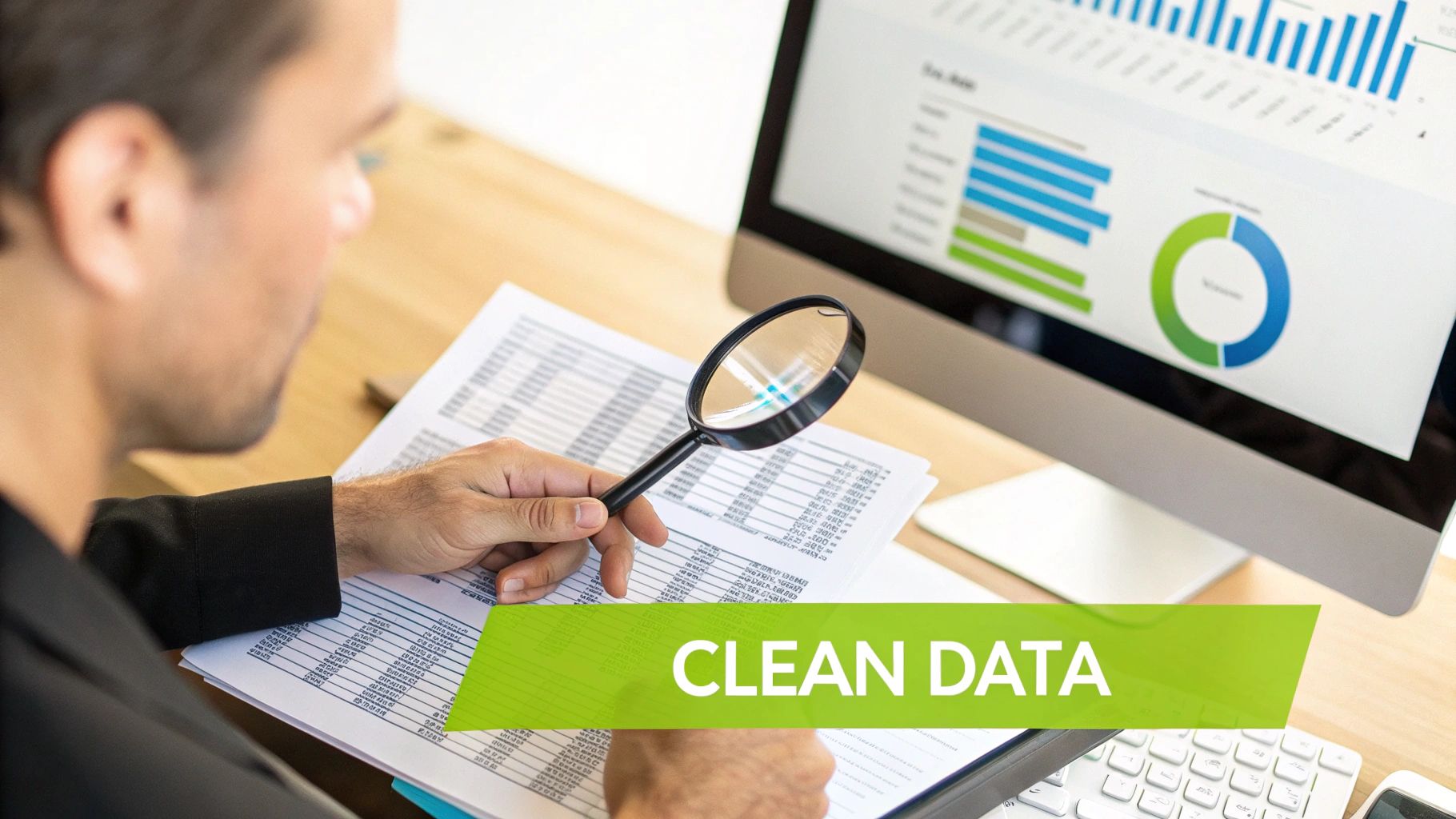 A person analyzing numerical data on papers with a magnifying glass, with charts displayed on a computer screen.