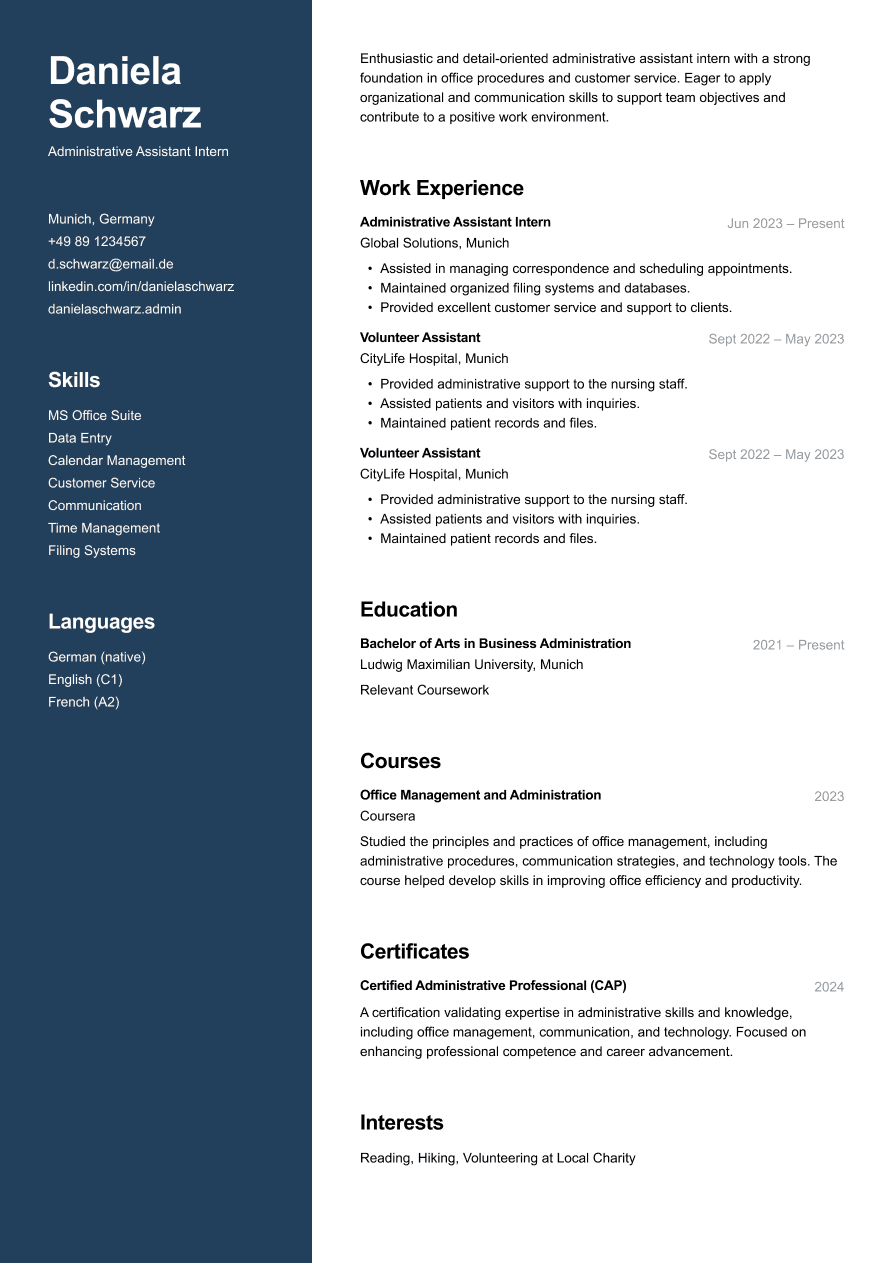 Administrative assistant intern resume example featuring learning experience and basic office tasks