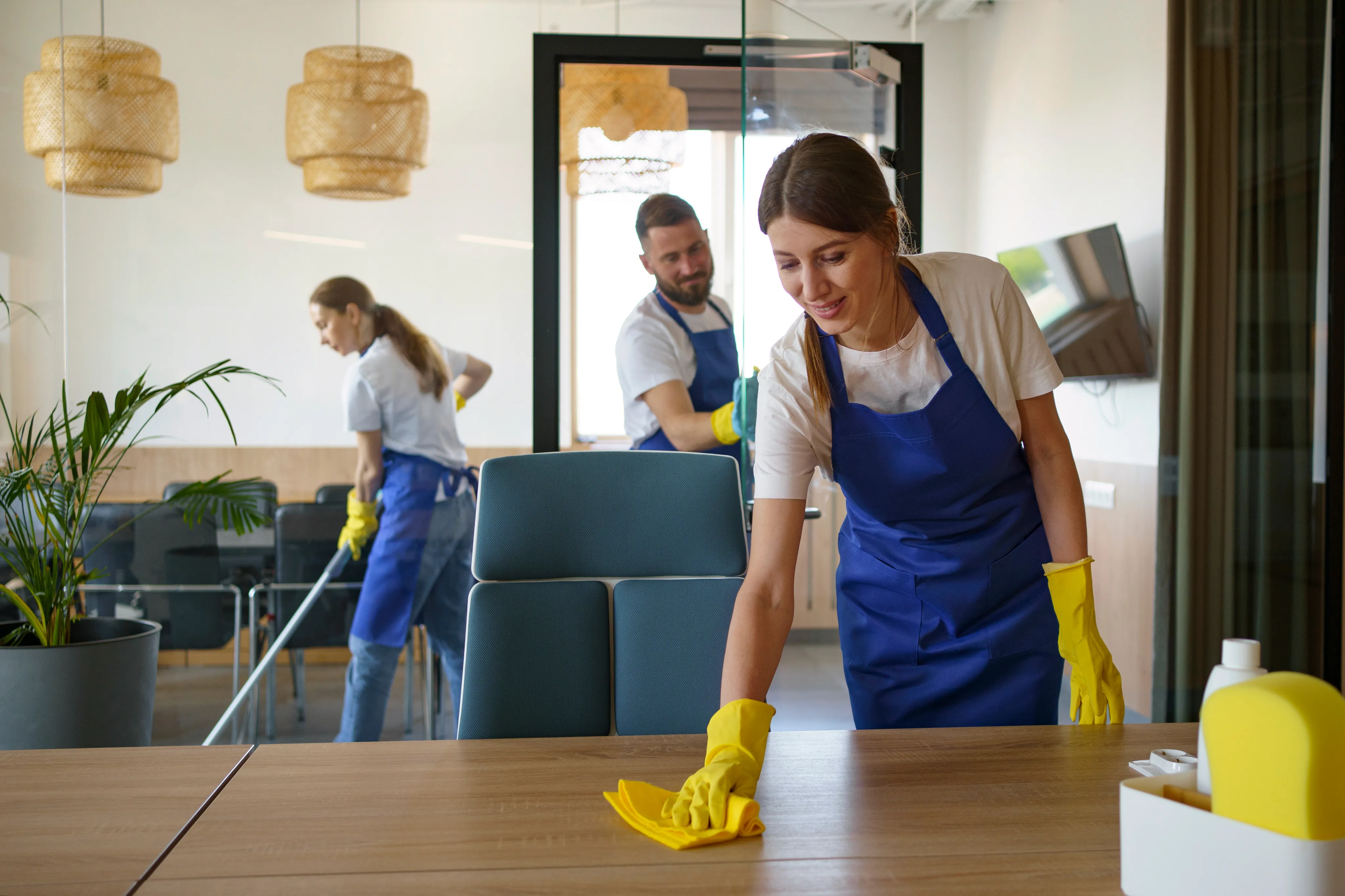 A team of professional cleaners in blue aprons and yellow gloves diligently wiping surfaces and vacuuming a bright, modern office space.