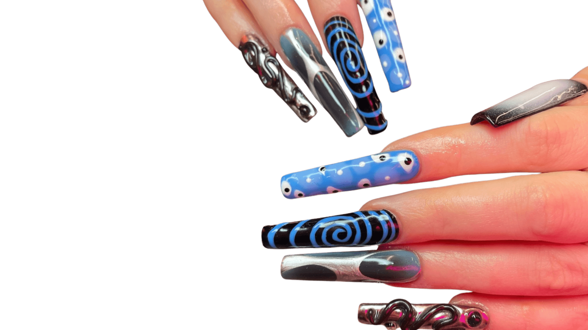 Extra-long square nails with a mix of light blue "evil eye" patterns, black and blue hypnotic swirls, and 3D silver metallic drips.