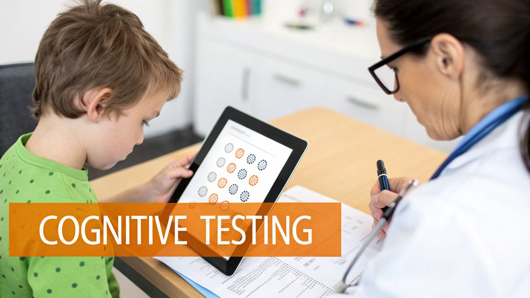 A young boy takes a cognitive test on a tablet with a doctor observing and taking notes.