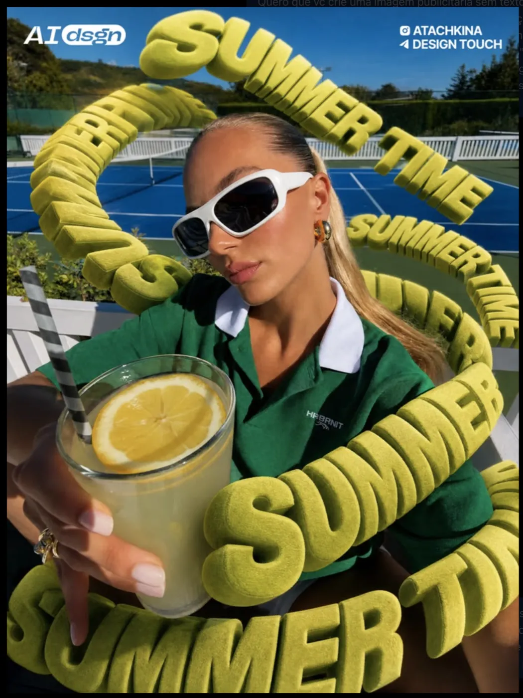 Referência do Pinterest: tipografia 3D Summer Time em volta de uma mulher de óculos escuros, peça de @atachkina