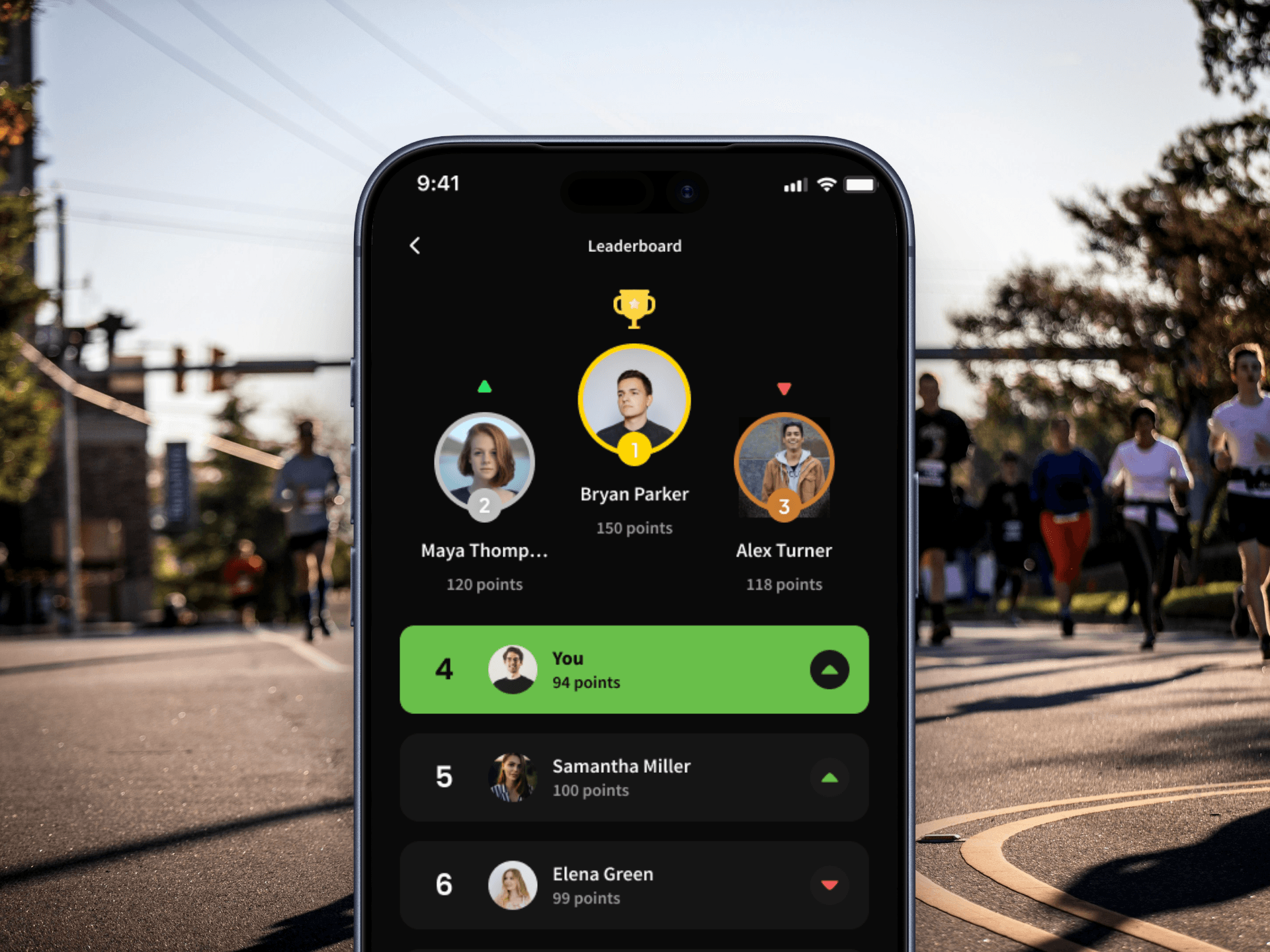 Screenshot of the BeneFit app leaderboard showing ranked users and point totals, overlaid on a photo of people running outdoors.