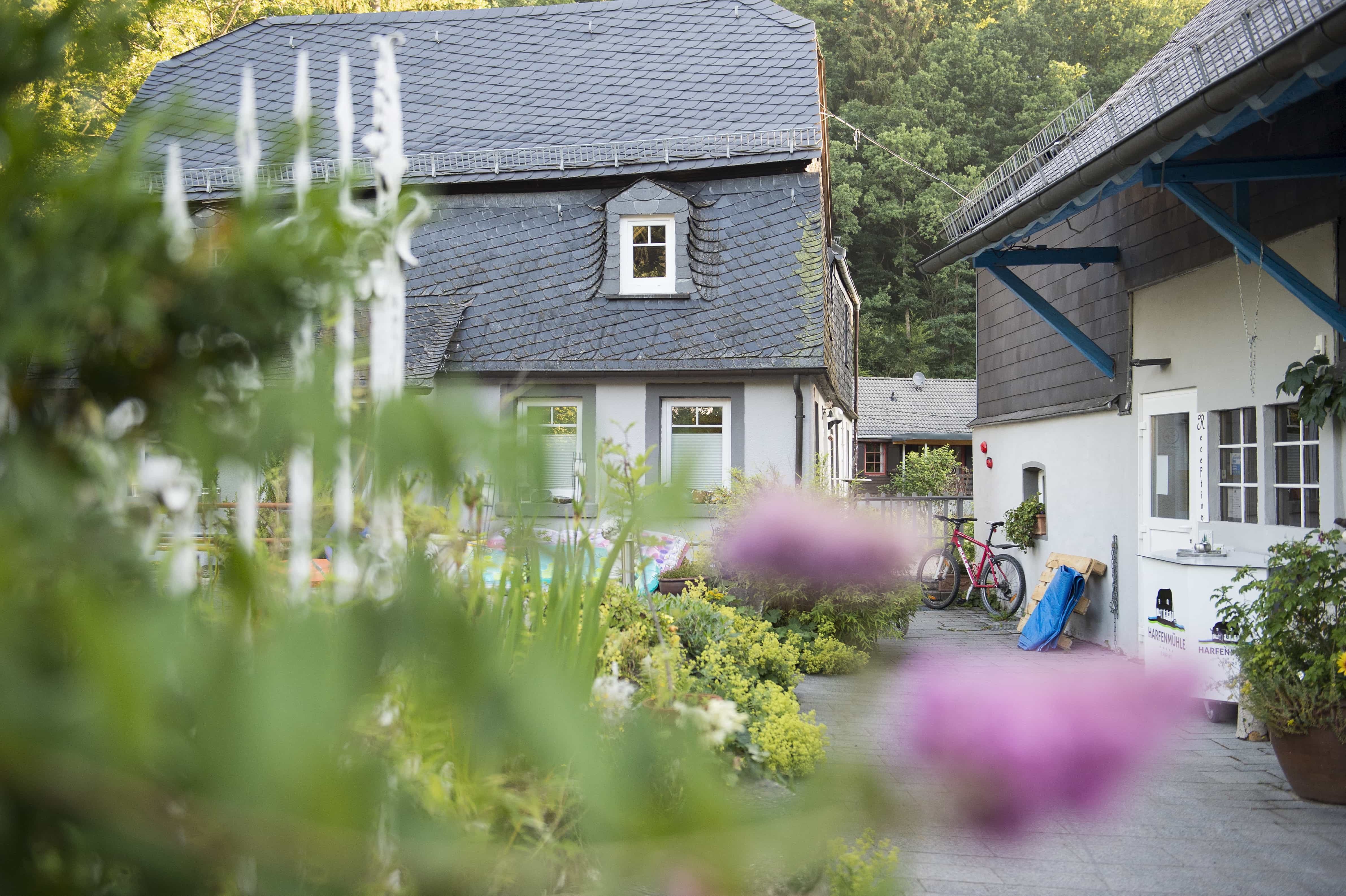 Entrance reception with the old mill building