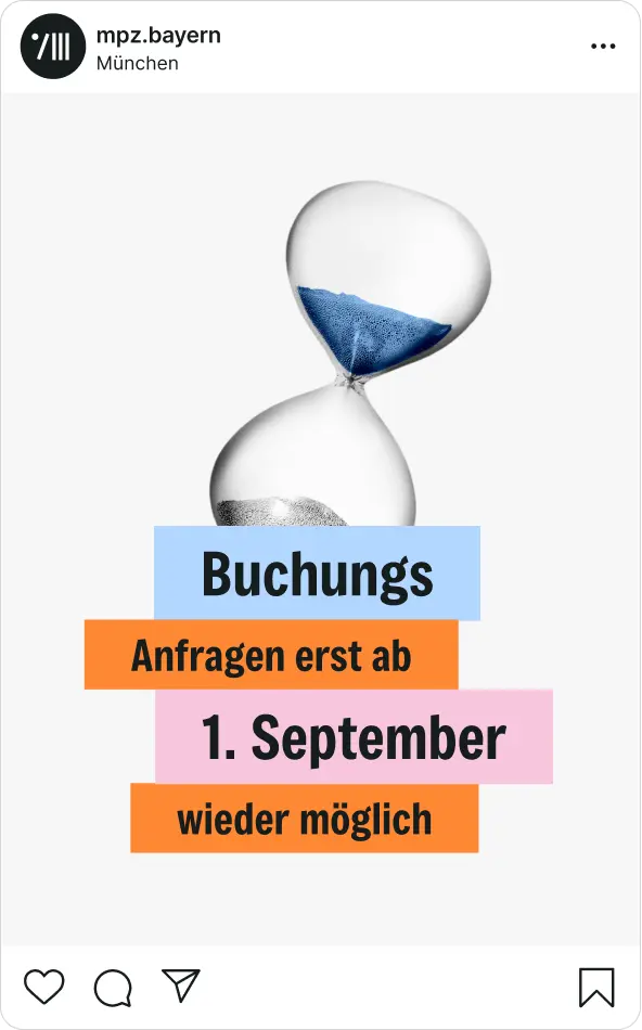 Instagram-Post: Sanduhr mit Hinweis auf Buchungspause bis 1. September