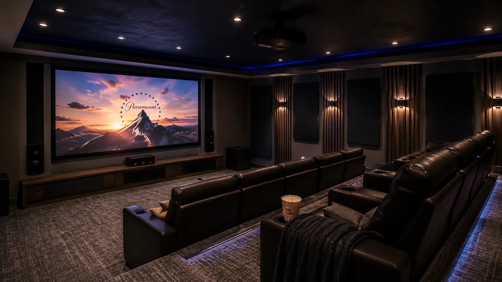 Luxury home theater basement with tiered seating rows, large projection screen, dark acoustic walls, theater-style lighting, curtains, and professional cinema setup for immersive entertainment.