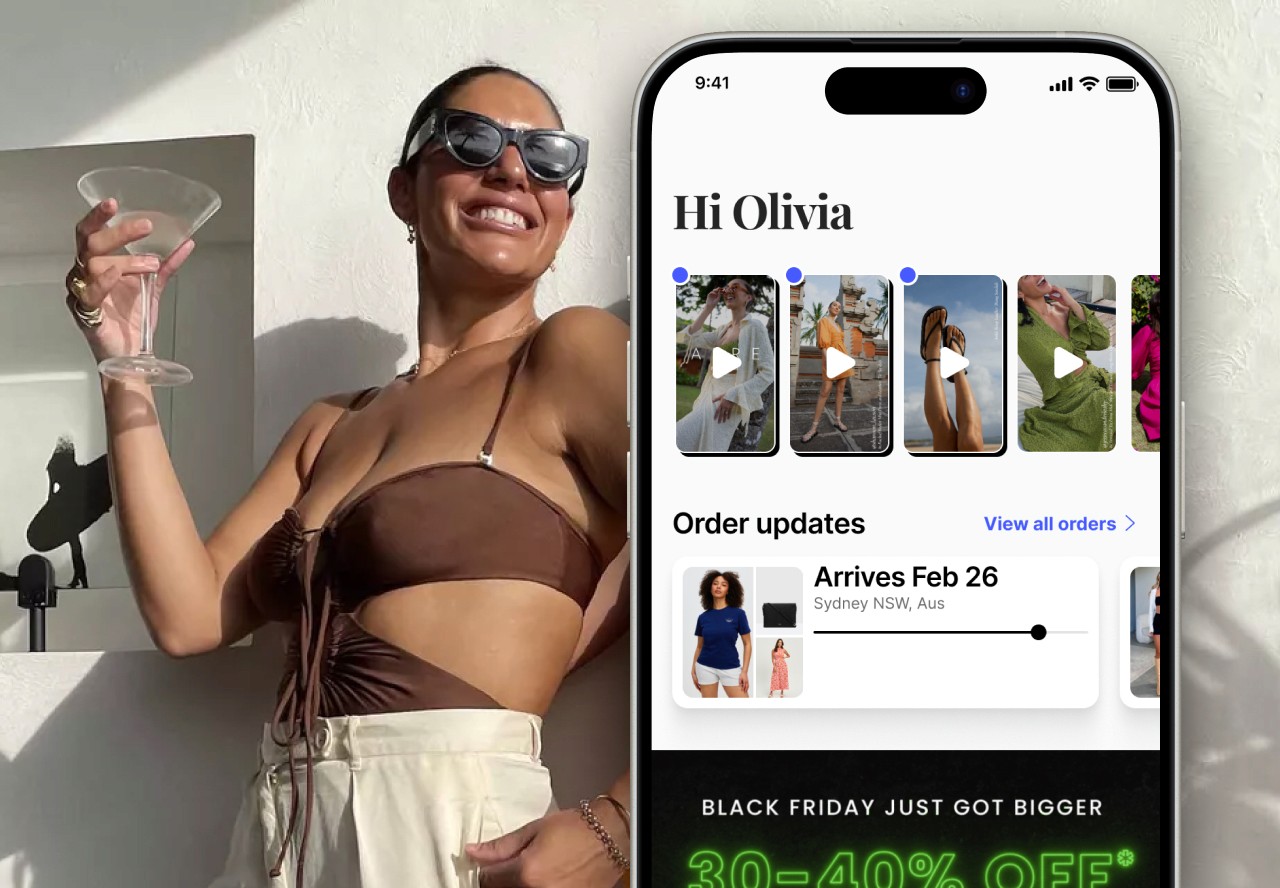 iphone app designs with woman smiling next to it