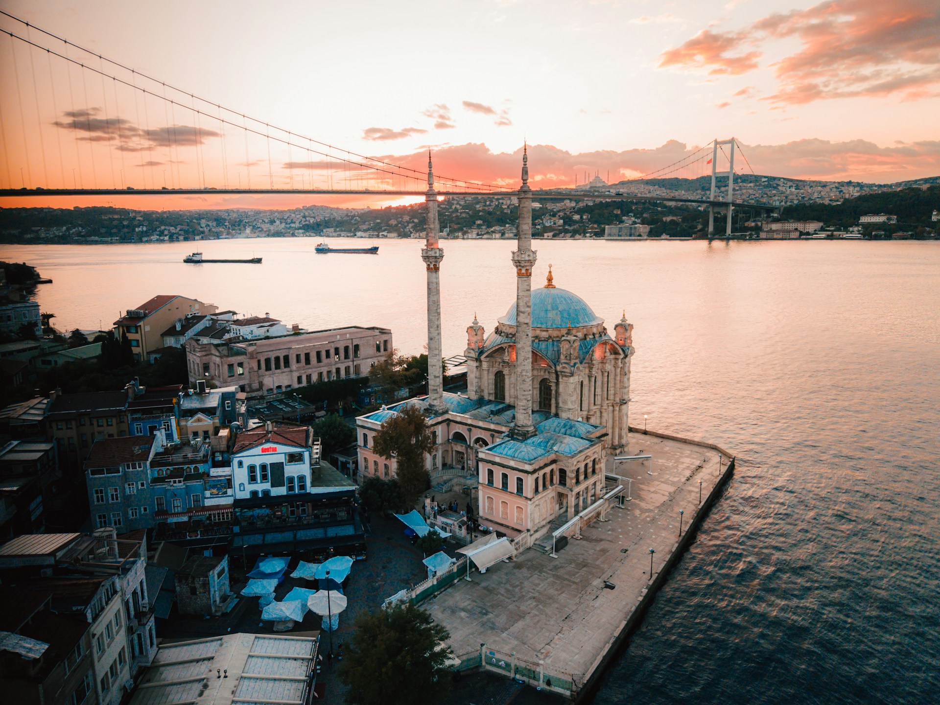 Ortaköy waterfront with the famous mosque and Bosphorus Bridge in Istanbul