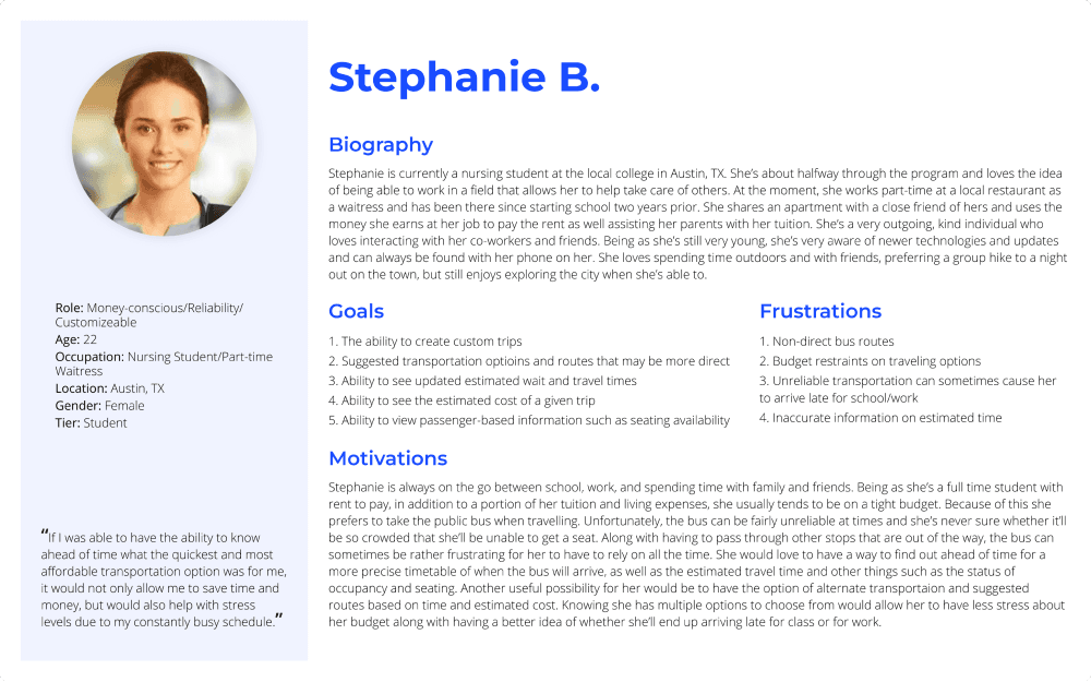 A persona of a user of a mobile transport app