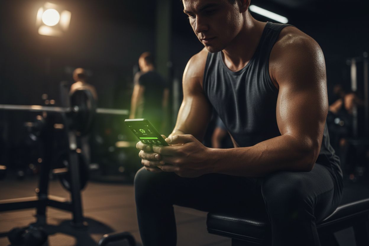 A person reviewing a workout app on a phone after a gym session