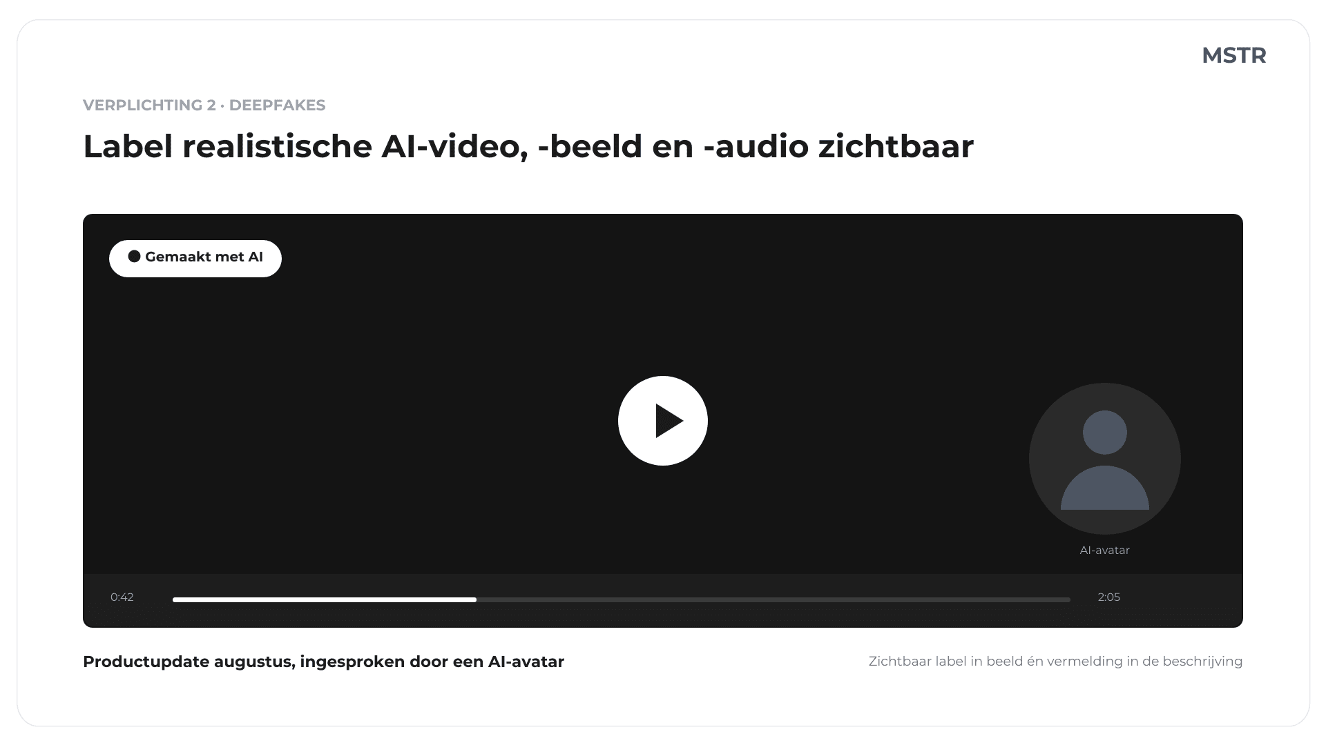 Voorbeeld videospeler met zichtbaar label Gemaakt met AI op een video met AI-avatar, zoals verplicht onder artikel 50 van de AI Act