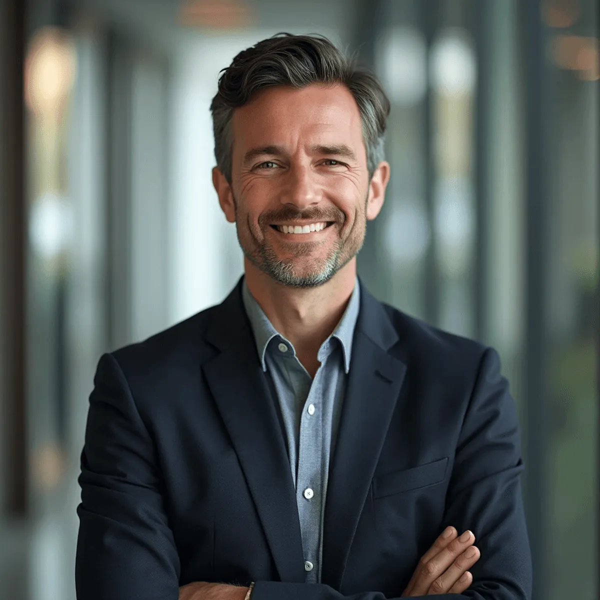 Man in suit with arms crossed smiling