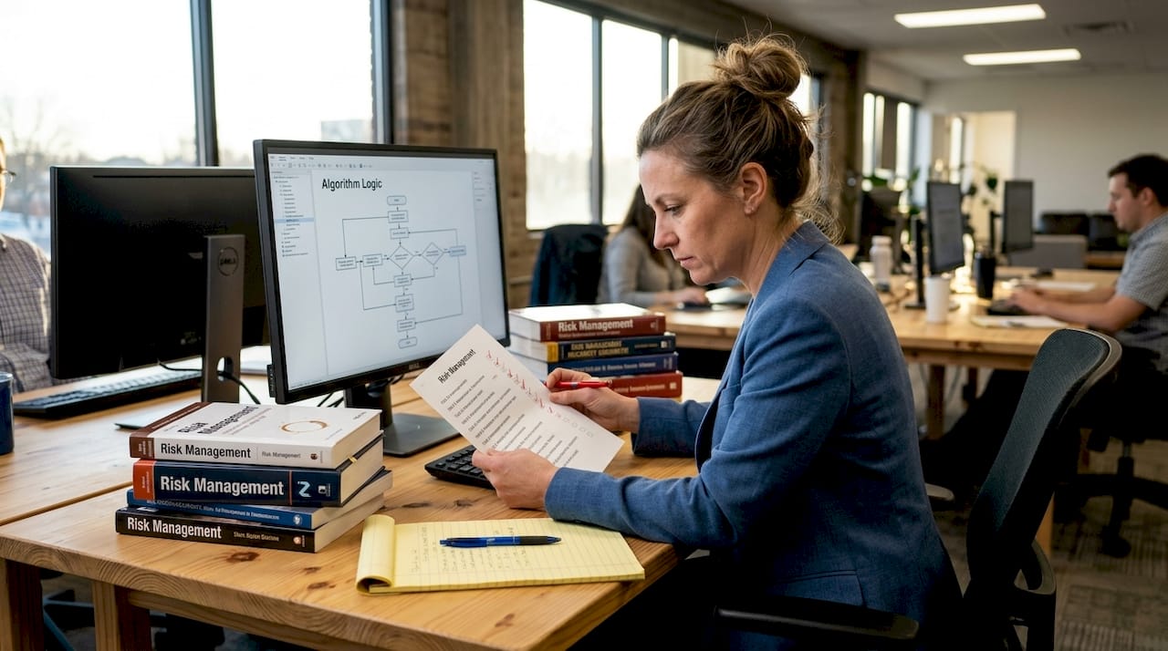 Woman reviewing risk checklist with flowchart