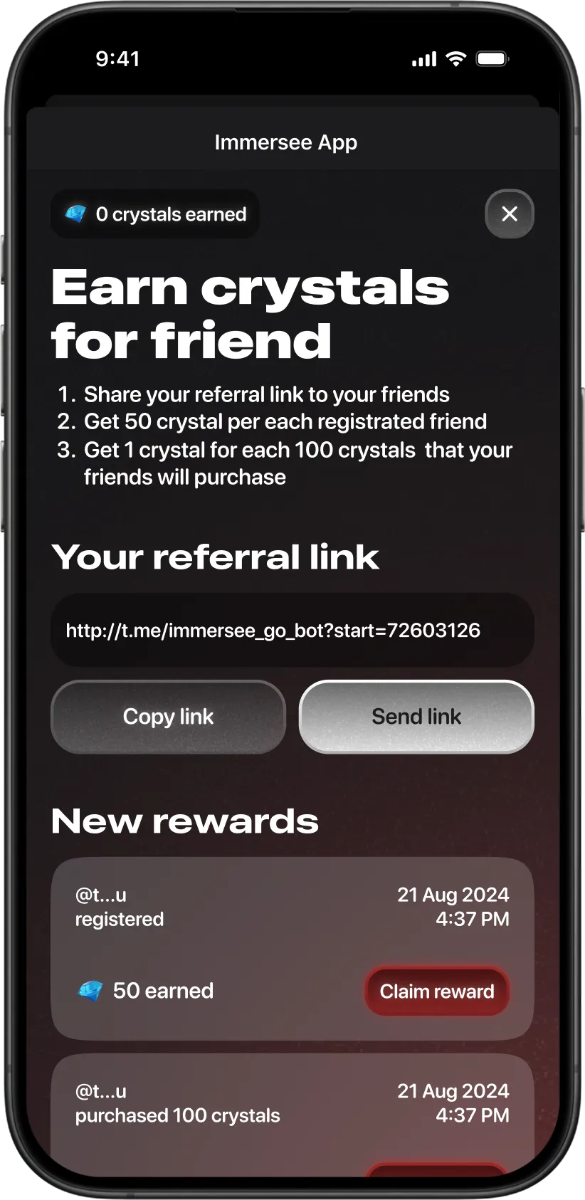 Referral program screen in Immersee, showing a referral link, reward rules, earned crystals, and invite actions inside a Telegram mini app.