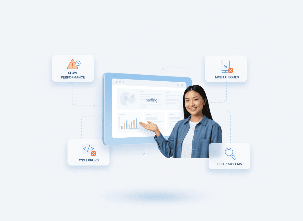 Frontend development mistakes dashboard showing performance issues, mobile errors, CSS problems, and SEO warnings affecting website conversions
