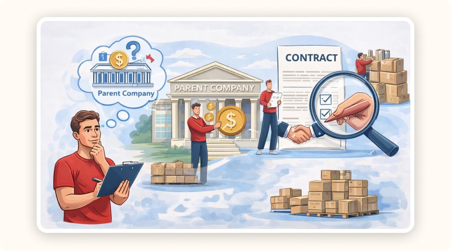 Illustration of parent company verification, contract review, and inventory risk