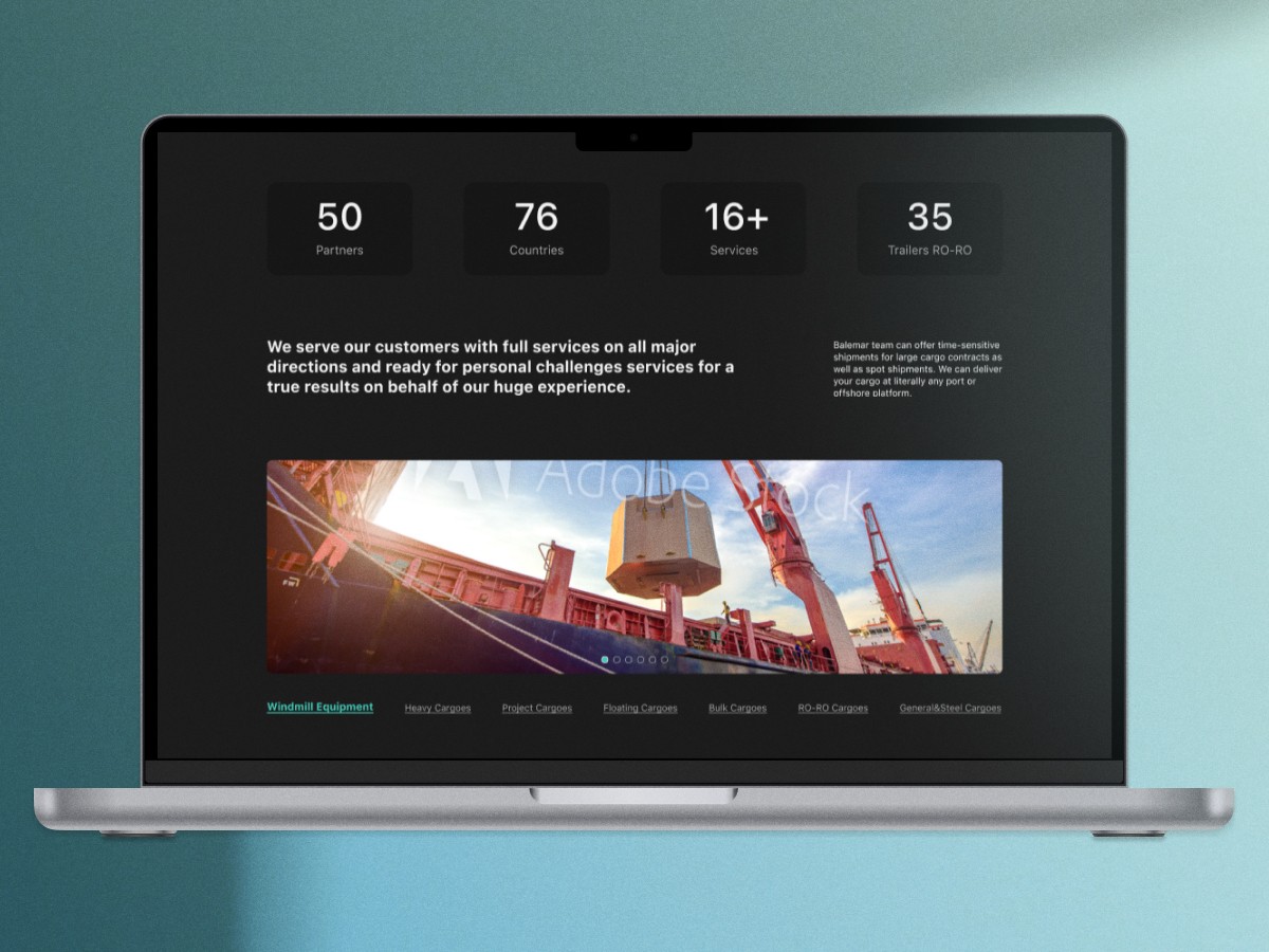 Shipping logistics company website presenting cargo transportation services