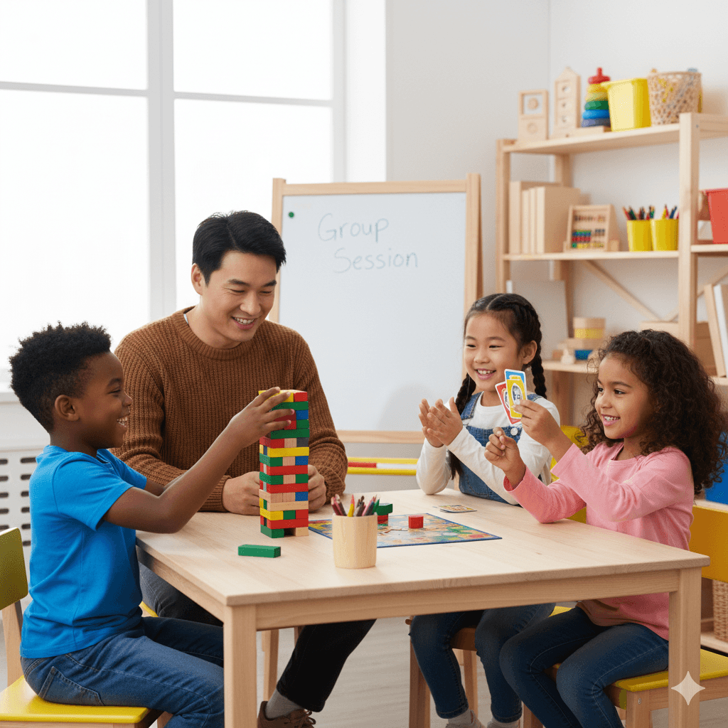 Therapist and three kids playing blocks.