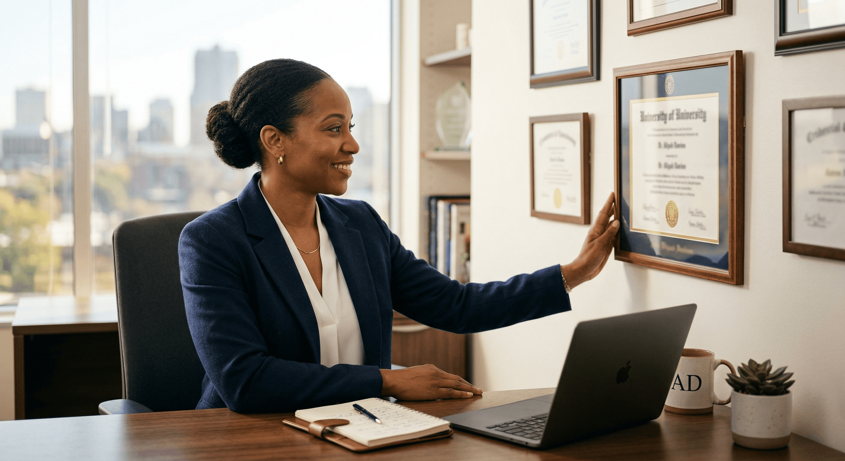 Professional woman reviewing provider credentials on the wall of a telehealth office for an ADA accommodation letter evaluation