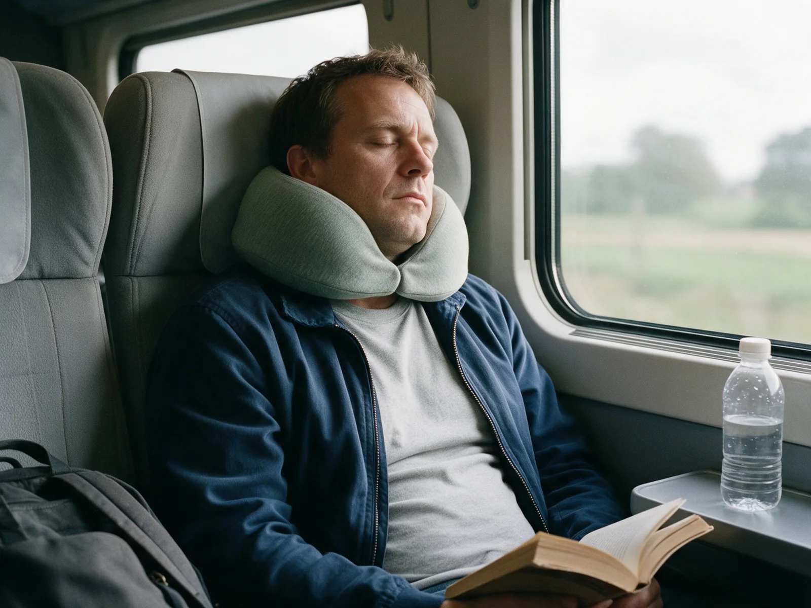 Man asleep in a train window seat wearing the Cervia pillow in Sage, his head upright against the headrest