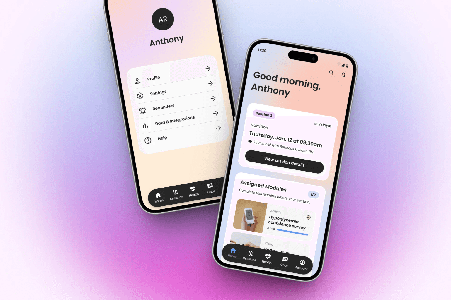 Two smartphones display a user interface with soft pink and beige backgrounds. Left screen shows a menu; right displays a greeting and schedule details.