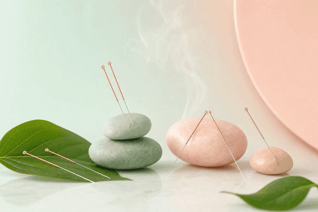 A serene, softly lit arrangement of acupuncture needles delicately balanced on smooth, pastel-colored stones and fresh green leaves, with faint steam rising and a clean, minimalist background in gentle, calming gradient hues of mint and blush—no characters, text, or humans—evoking a tranquil, spa-like atmosphere with a modern and professional aesthetic.