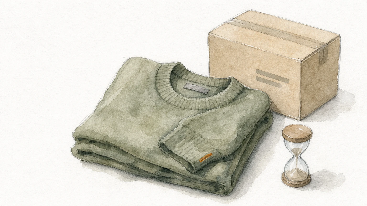 A folded garment sits beside a sealed shipping box and an hourglass on a tabletop.