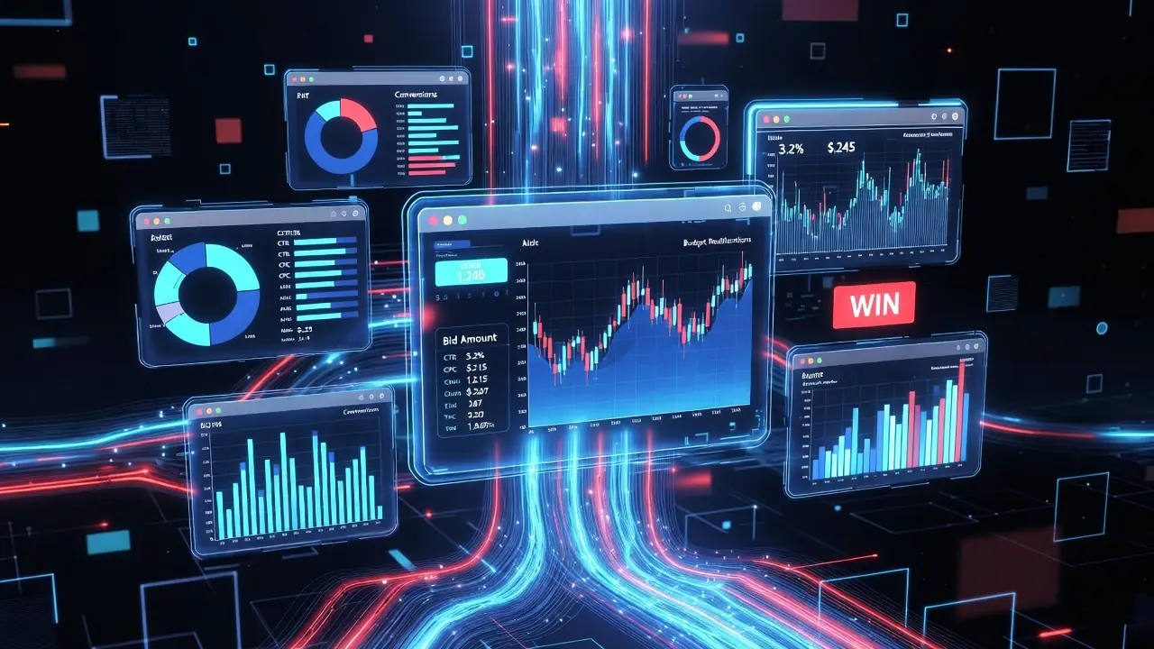 AI-powered programmatic advertising dashboards showing real-time bidding, performance analytics, and automated optimization across multiple campaigns
