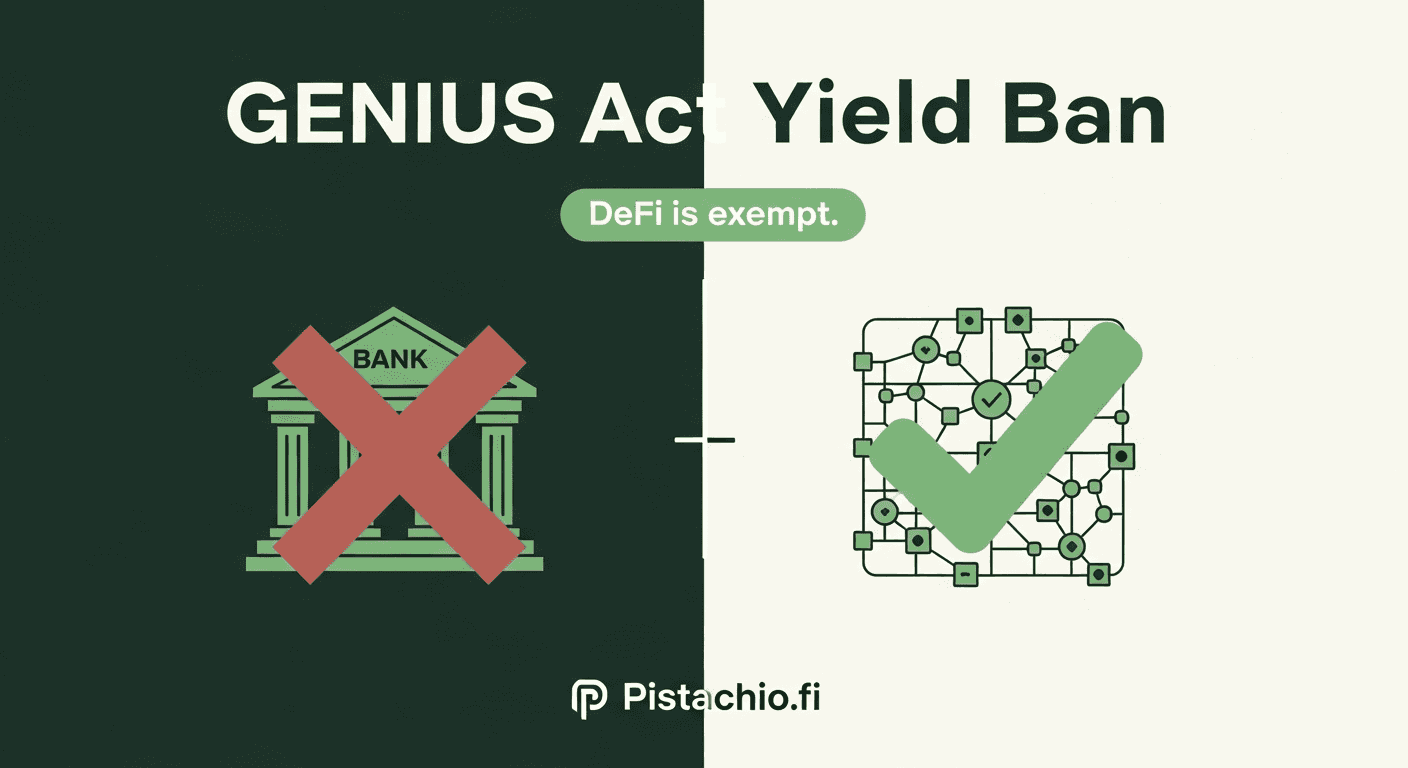 Scales of justice icon with stablecoin symbols USDC and USDT on one side and DeFi protocol logos on the other, on a dark green background with the text "DeFi yield: still legal"