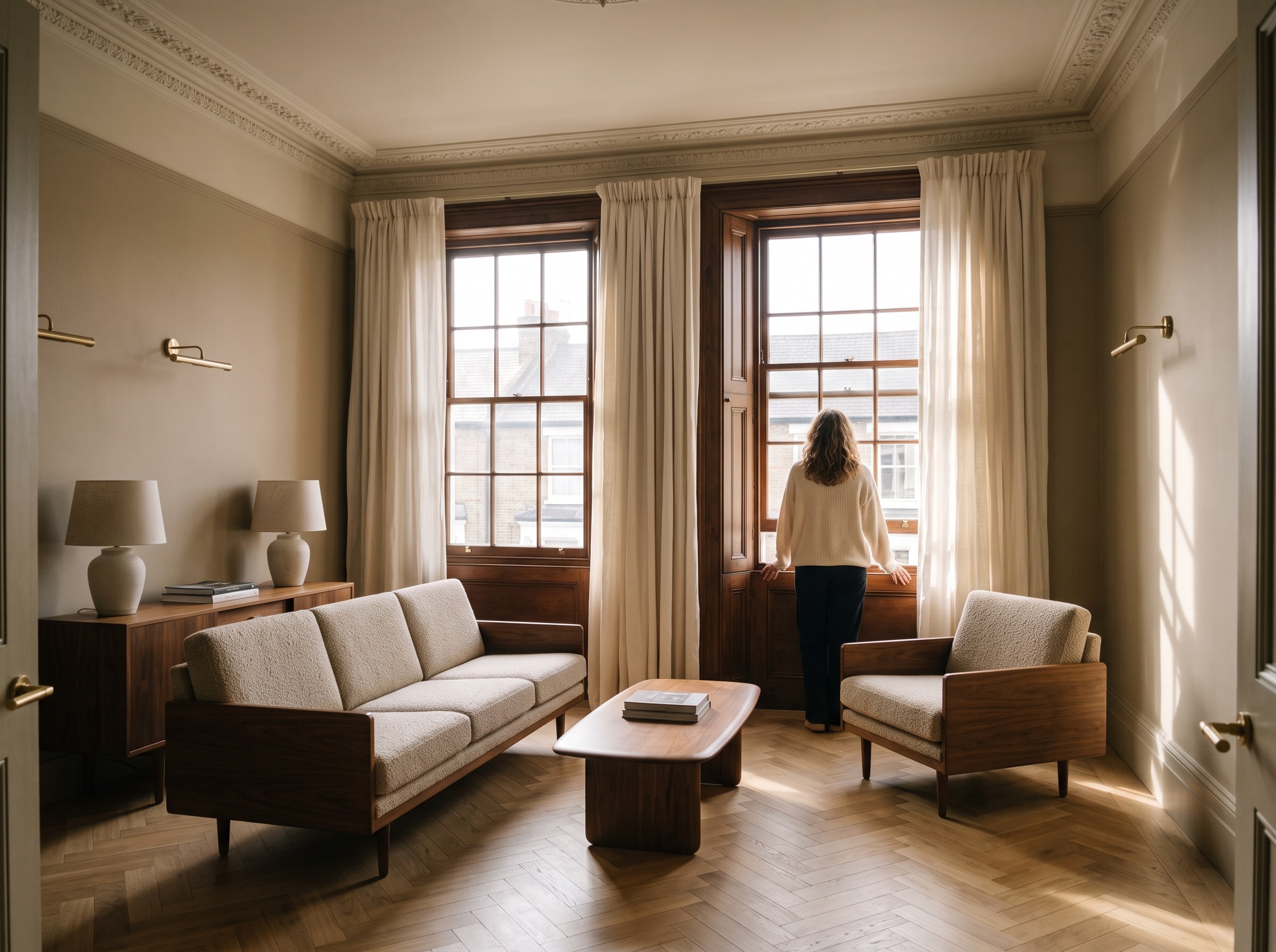 A cozy, elegantly furnished living room with mid-century modern decor features a woman standing by large windows, letting in abundant natural light, with a beige sofa, wooden coffee table, and matching armchairs completing the sophisticated ambience.