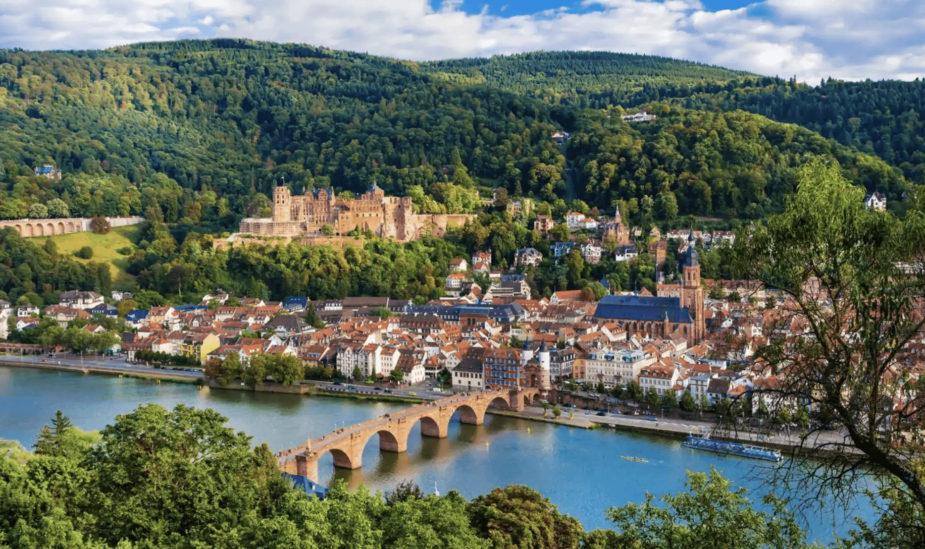 Panoramablick auf die Stadt Heidelberg mit dem Heidelberger Schloss, der Alten Brücke und der Altstadt am Neckar bei Tageslicht.