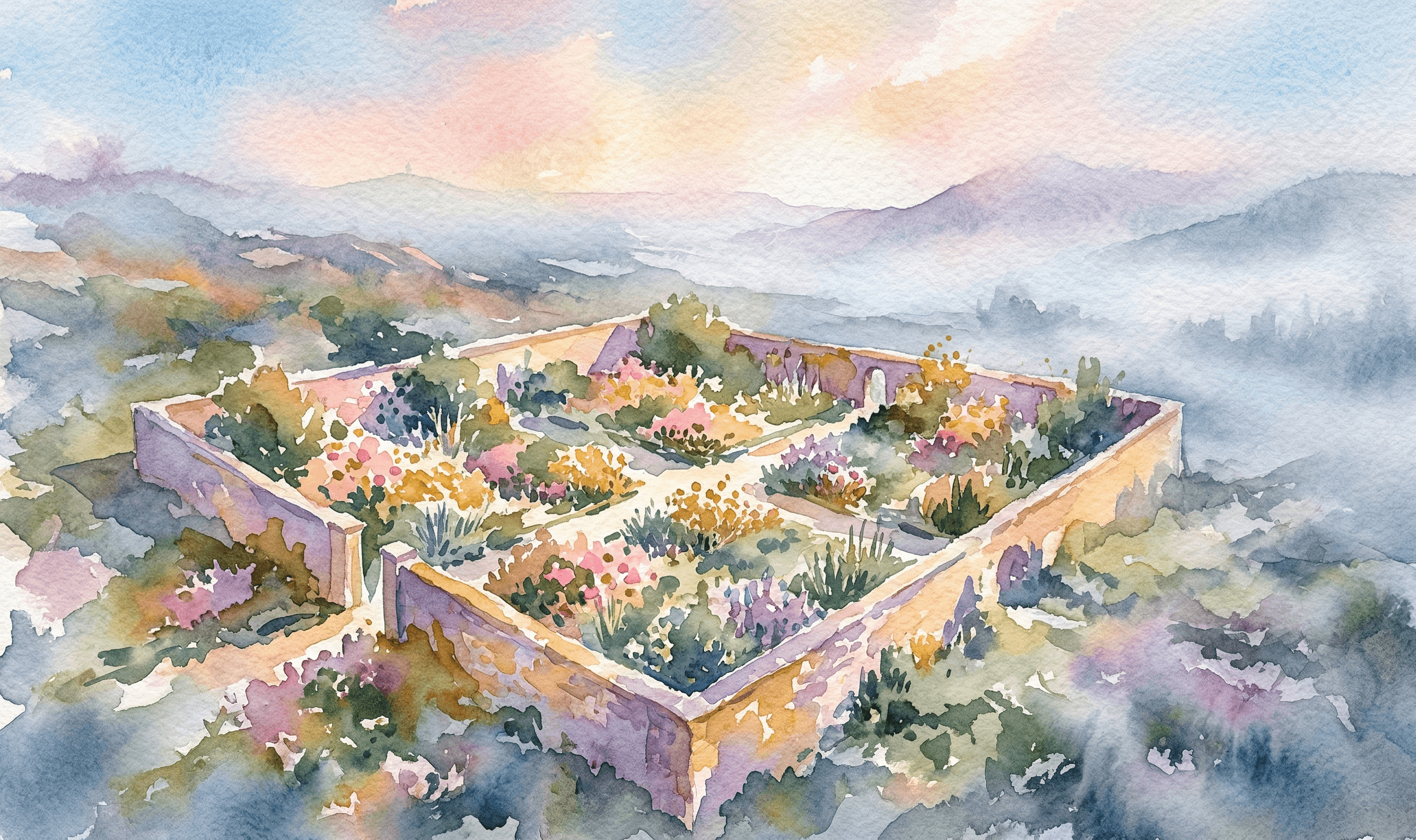 Watercolor walled garden lush with color while the landscape outside fades to mist