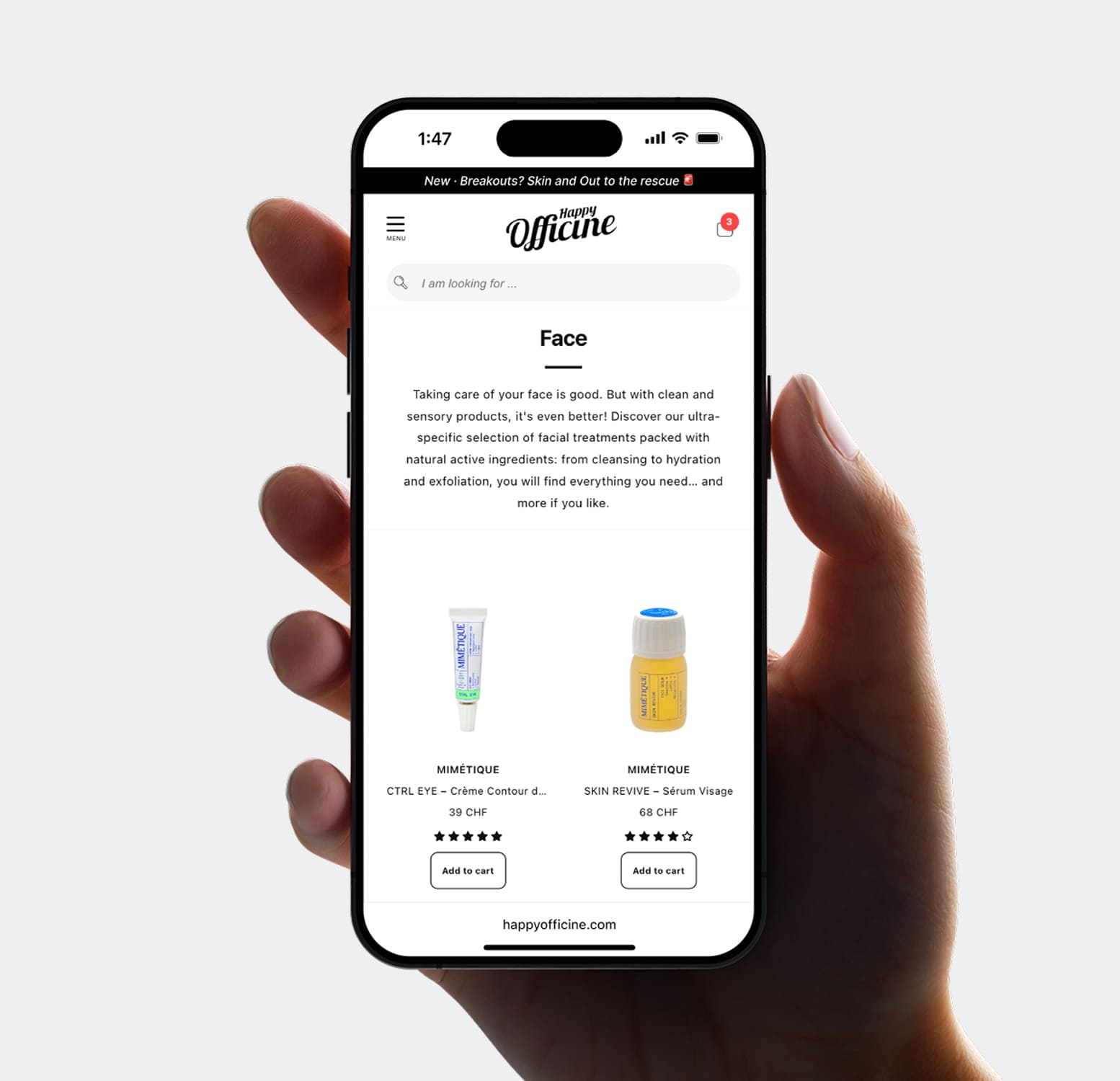 Mobile e-commerce experience for Happy Officine showing product listing and browsing interface on smartphone