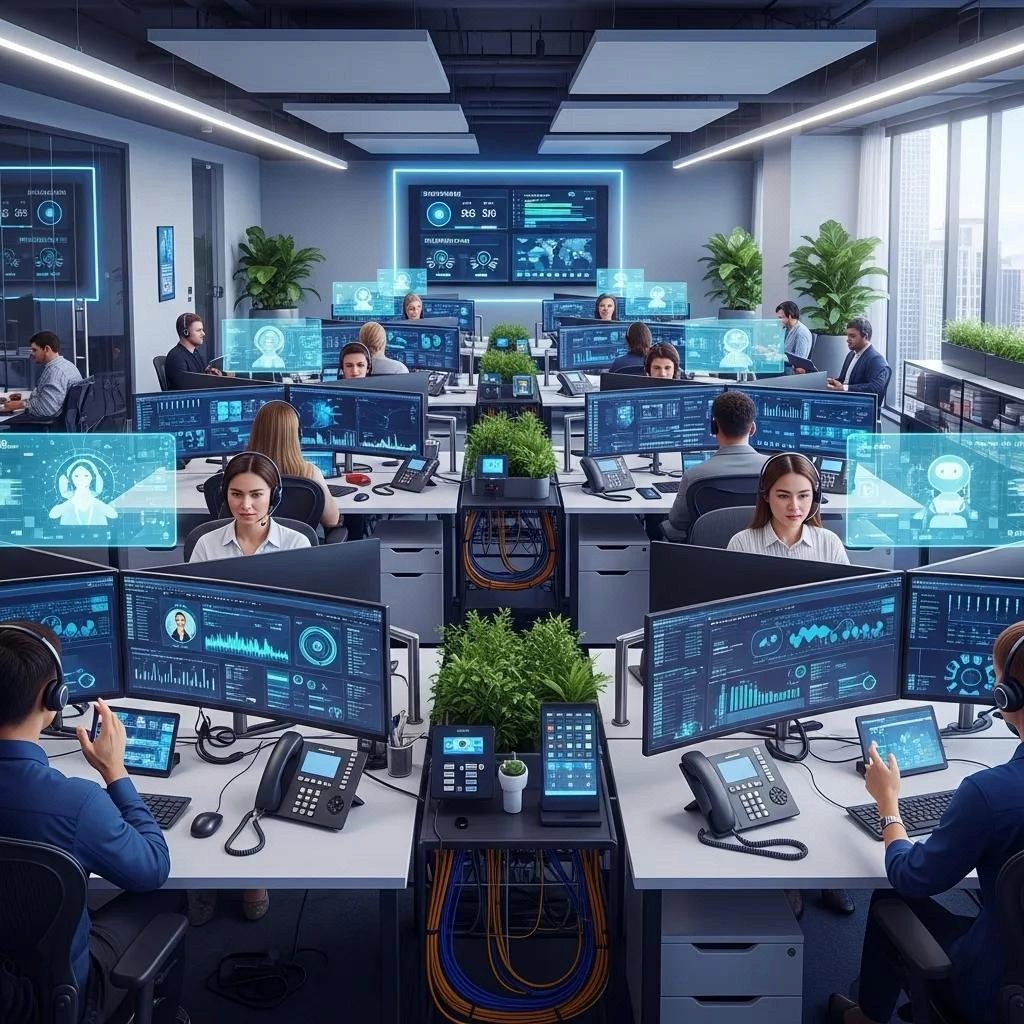 Modern call center agents utilizing AI technology for enhanced customer service